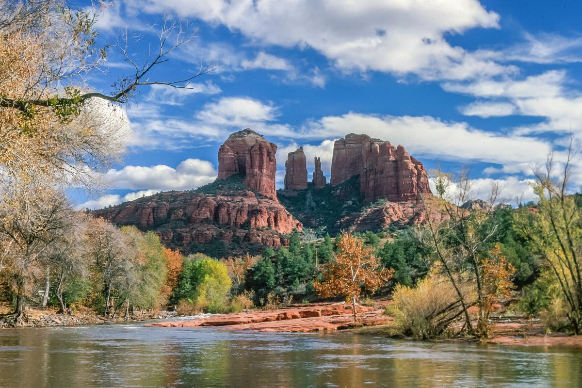 Colorful foliage along Oak Creek Canyon—classic Sedona autumn scenery.