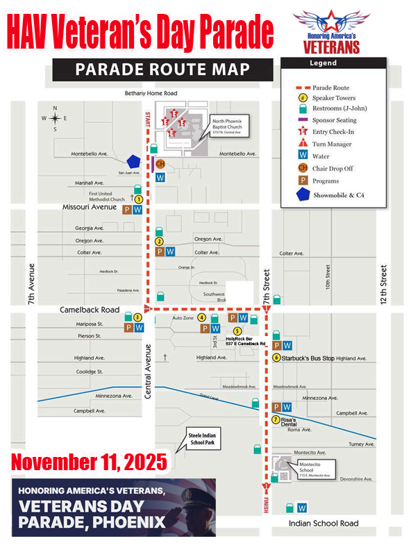 Map of the Honoring America’s Veterans Parade route through downtown Phoenix.